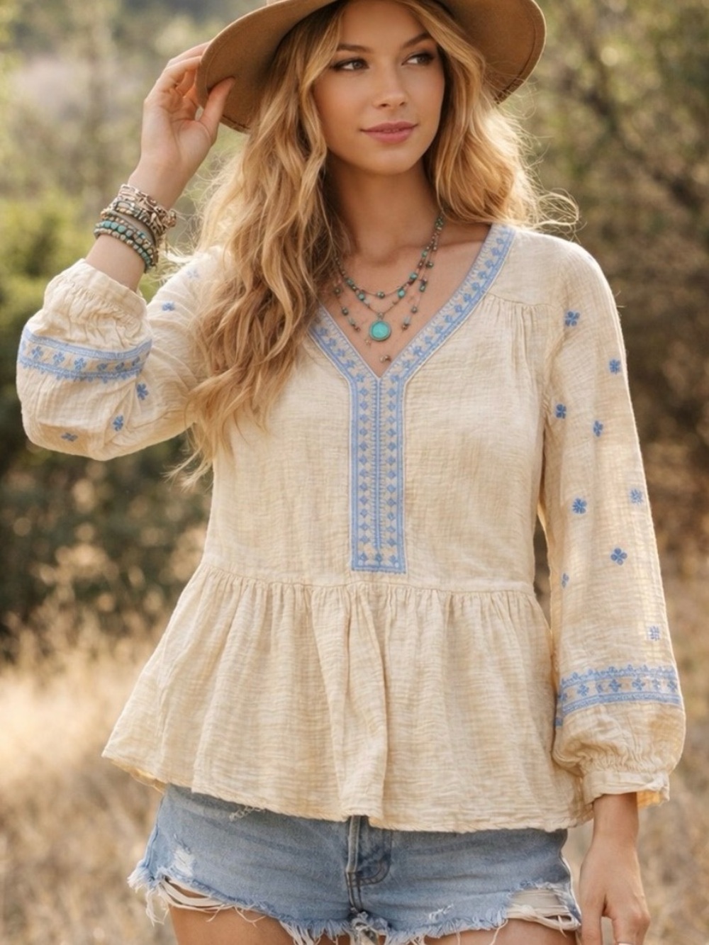 Orange Creek Bohemian Embroidered Cotton Peasant Blouse Women’s Size M